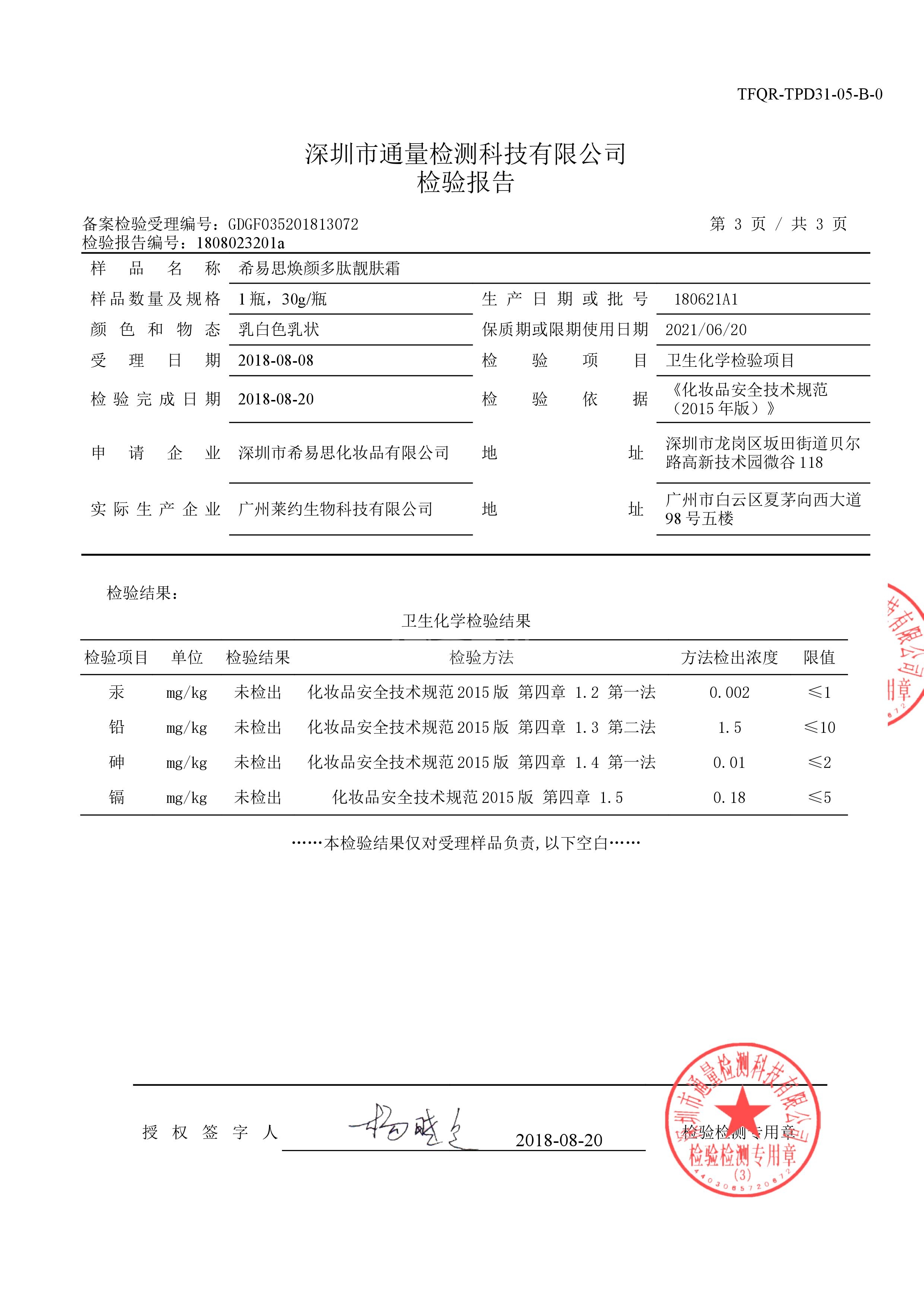 煥顏多肽靚膚霜質量檢測報告第4頁